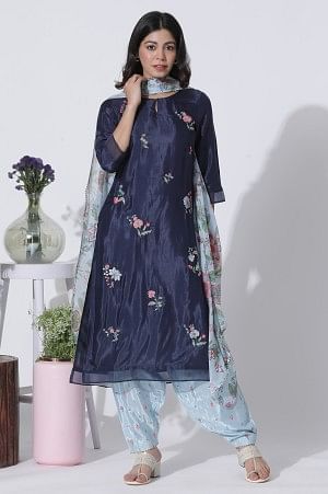 Navy Blue Embroidered Festive Kurta, Printed Salwar With Dupatta Set