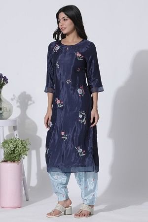 Navy Blue Embroidered Festive Kurta, Printed Salwar With Dupatta Set