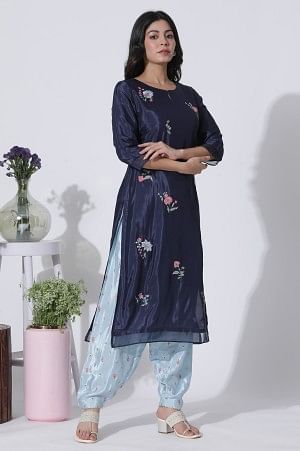 Navy Blue Embroidered Festive Kurta, Printed Salwar With Dupatta Set