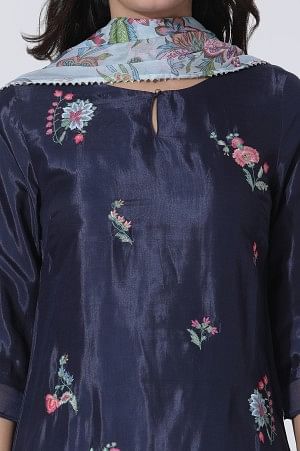 Navy Blue Embroidered Festive Kurta, Printed Salwar With Dupatta Set