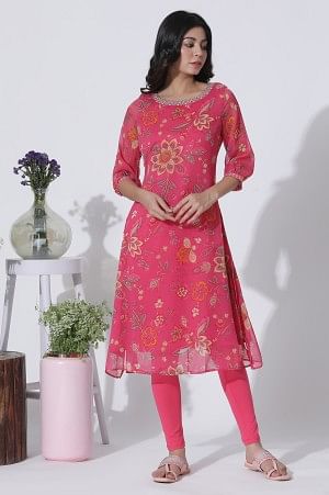 Pink Floral Printed Chiffon A-Line Kurta And Tights