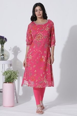 Pink Floral Printed Chiffon A-Line Kurta And Tights