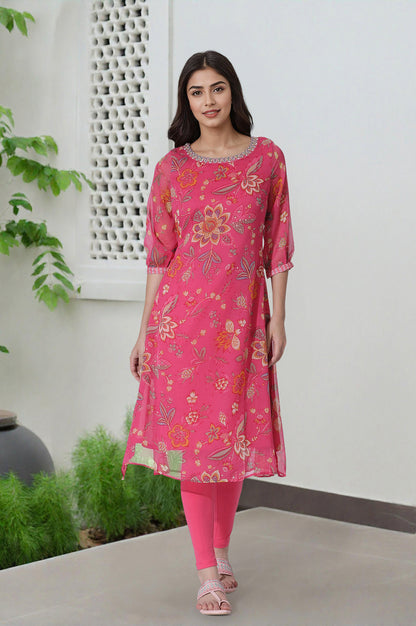 Pink Floral Printed Chiffon A-Line Kurta and Tights Set