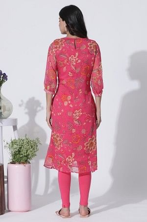 Pink Floral Printed Chiffon A-Line Kurta And Tights