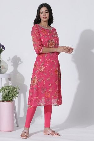 Pink Floral Printed Chiffon A-Line Kurta And Tights