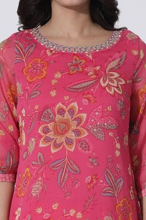 Pink Floral Printed Chiffon A-Line Kurta And Tights