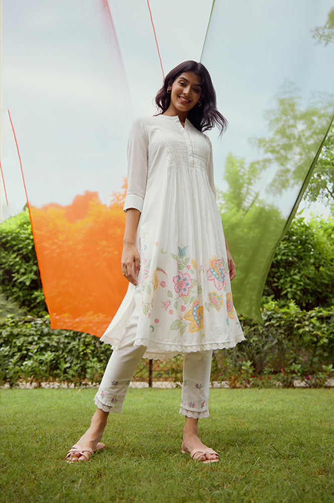 White Floral Printed Gathered Kurta And Pants Set