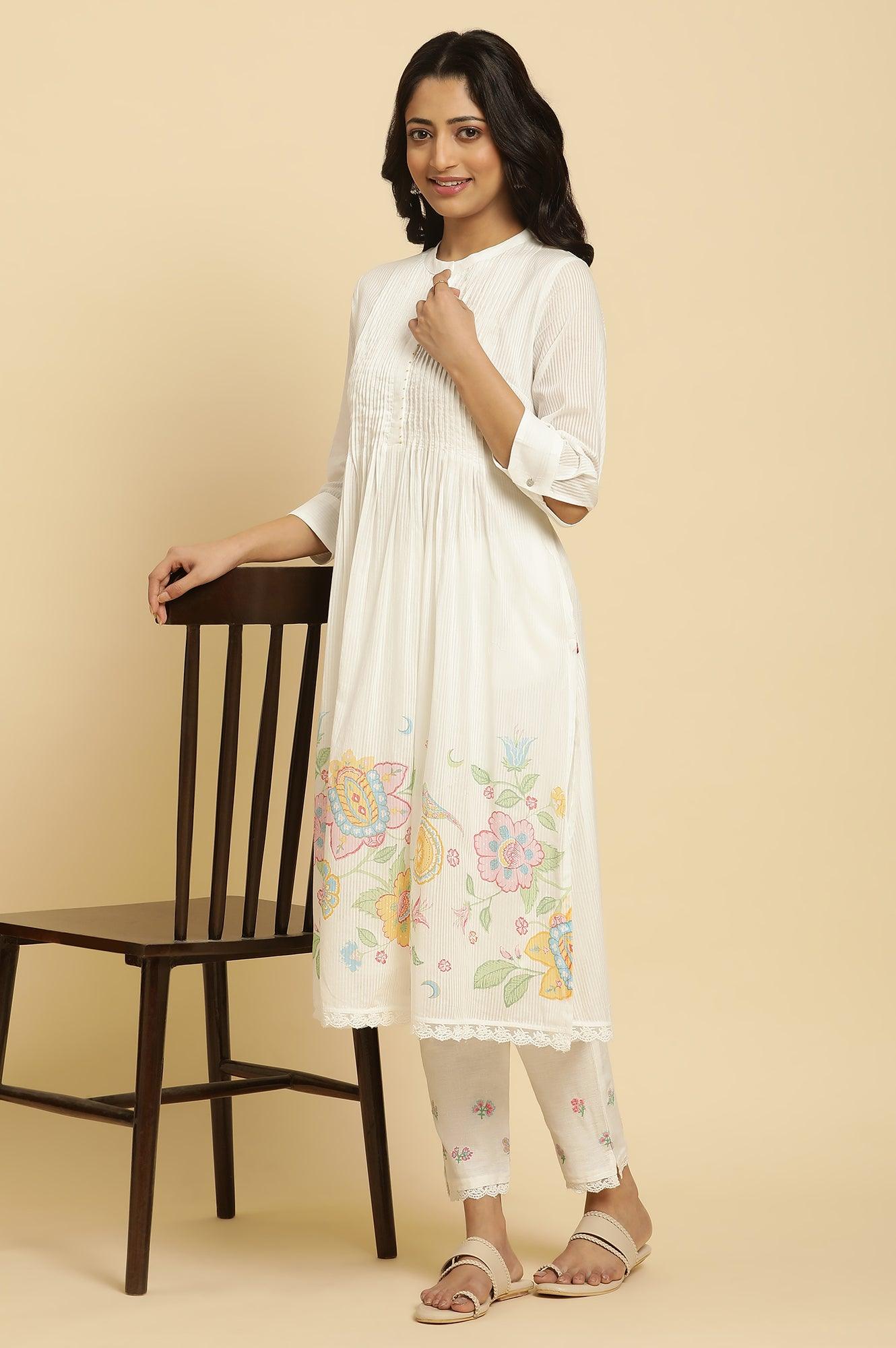 White Floral Printed Gathered Kurta And Pants Set - wforwoman