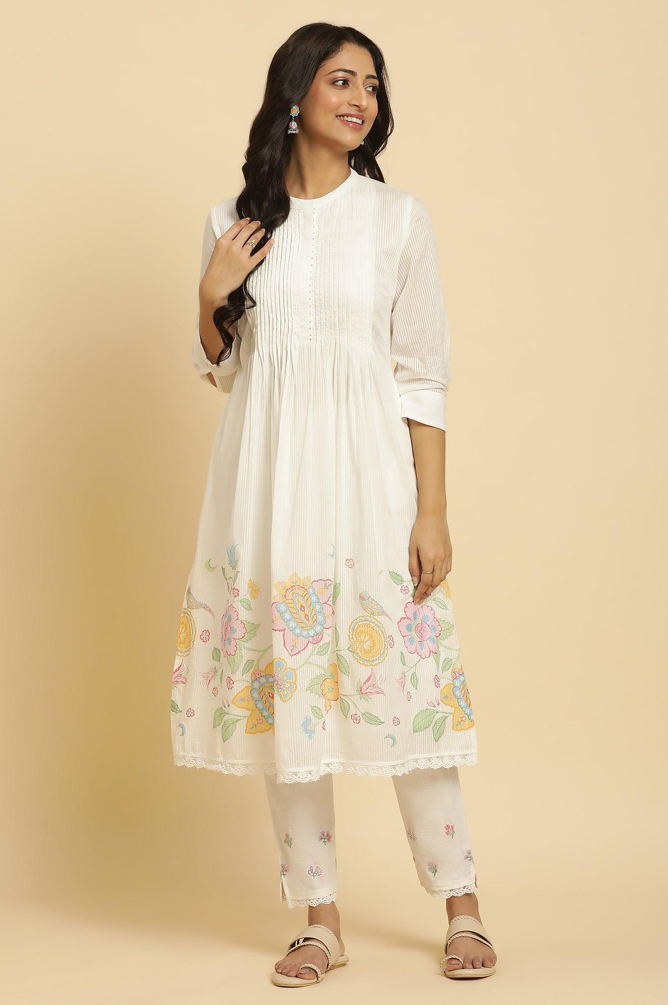 White Floral Printed Gathered Kurta And Pants Set - wforwoman