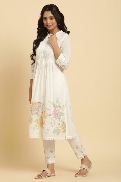 White Floral Printed Gathered Kurta And Pants Set - wforwoman