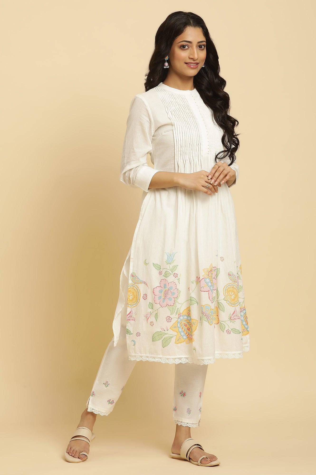 White Floral Printed Gathered Kurta And Pants Set - wforwoman