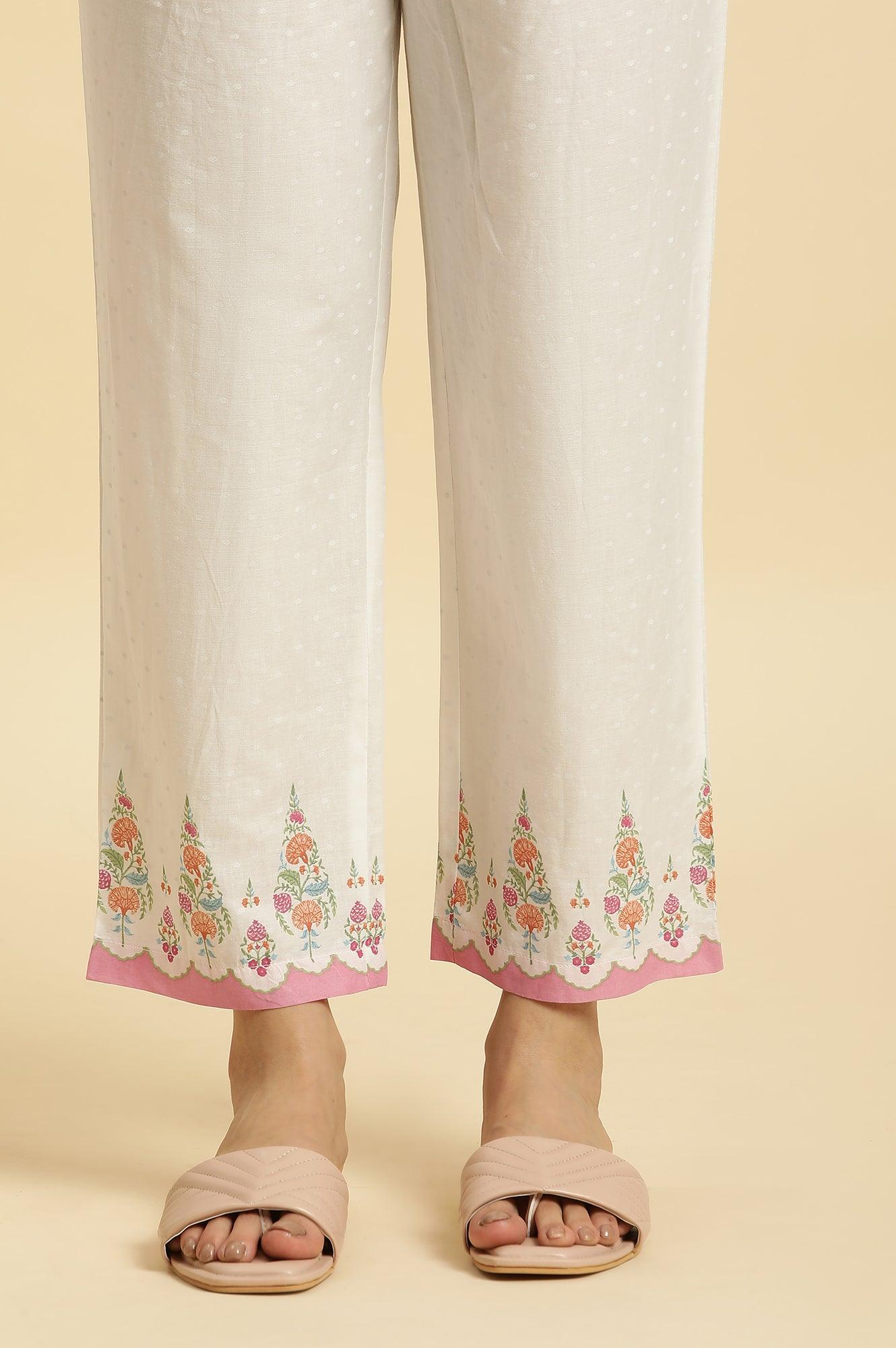White Cotton Gathered Kurta In Multi-Coloured Print &amp; Pants Set - wforwoman