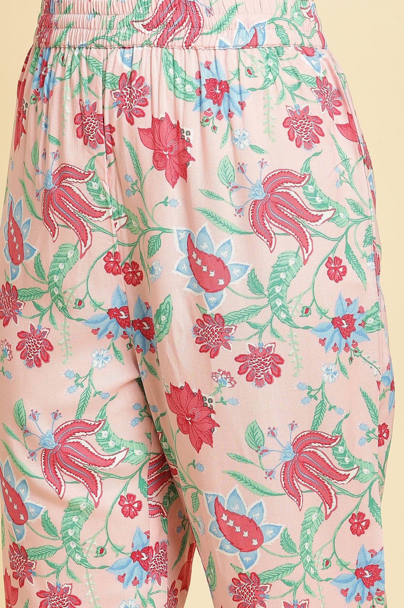 Flamingo Pink Floral Printed Anarkali Kurta, Pants And Dupatta Set - wforwoman