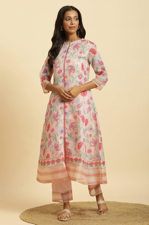 Pink Floral Motif Panelled Kurta And Pants Set