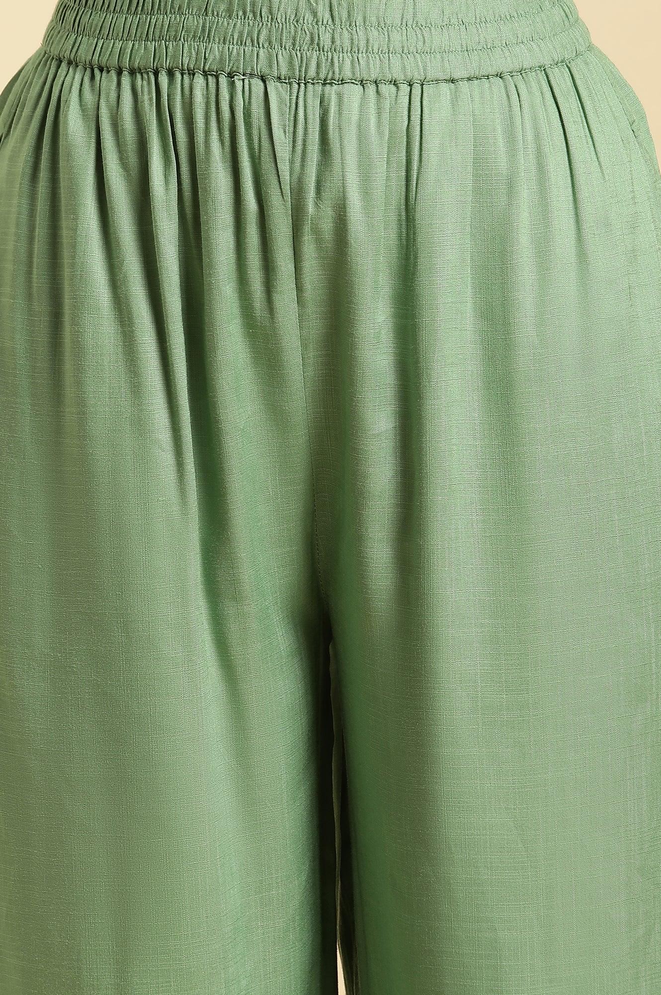 Green Solid Kurta, Printed Gilet And Gathered Pants Set - wforwoman