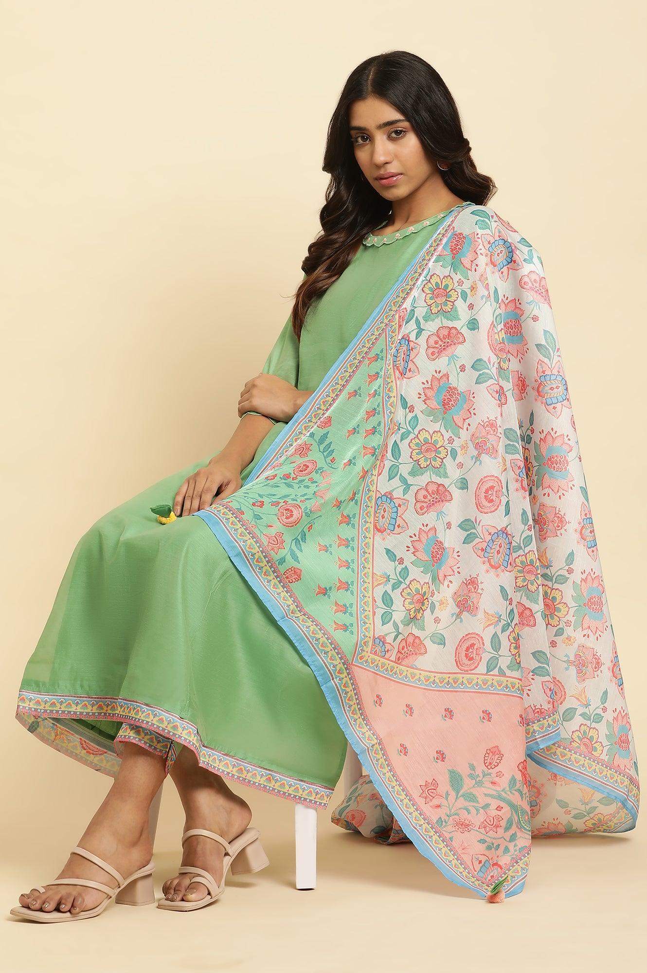 Green Embroidered Kurta, Pants And Printed Dupatta Set - wforwoman