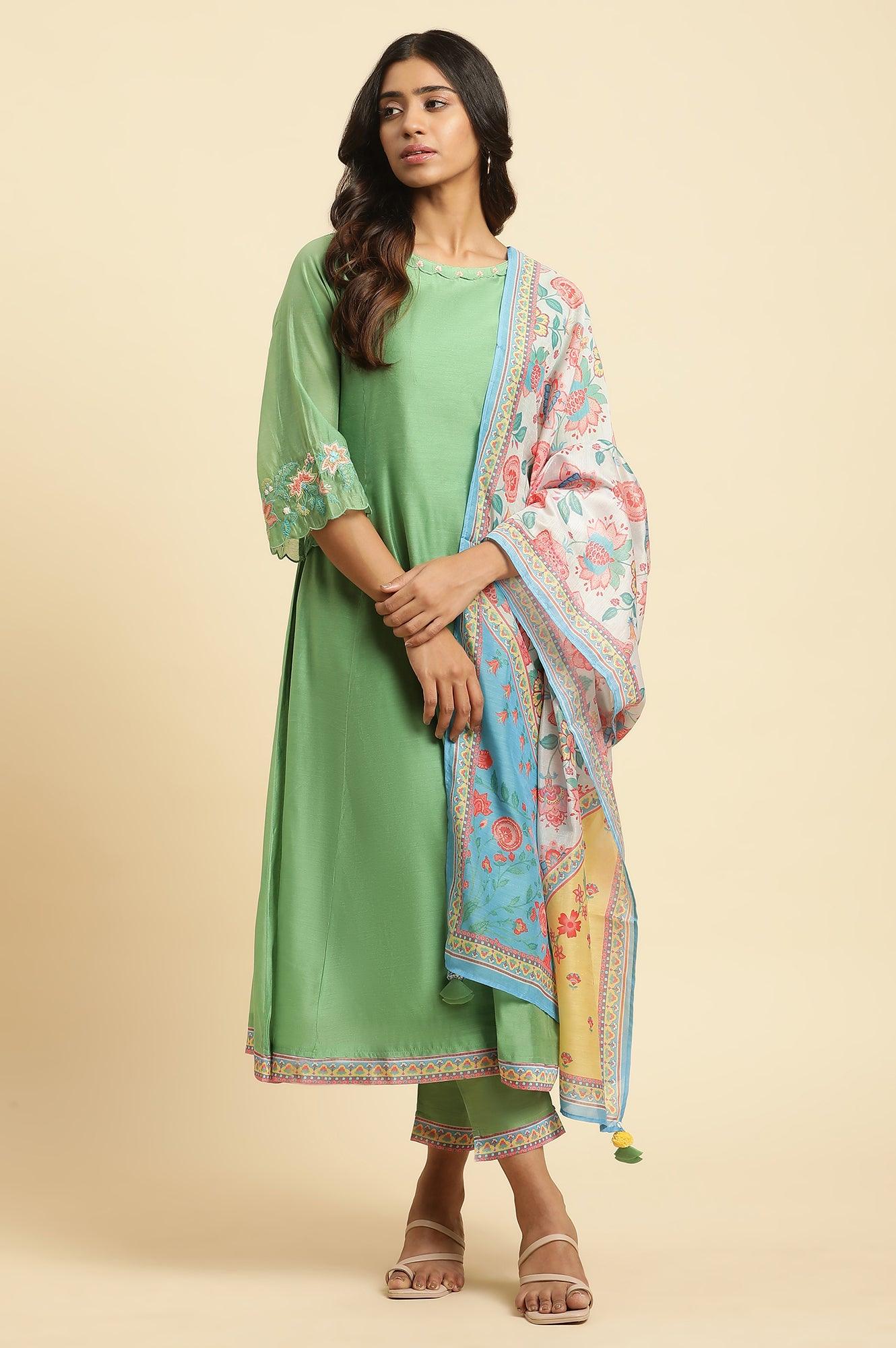 Green Embroidered Kurta, Pants And Printed Dupatta Set - wforwoman