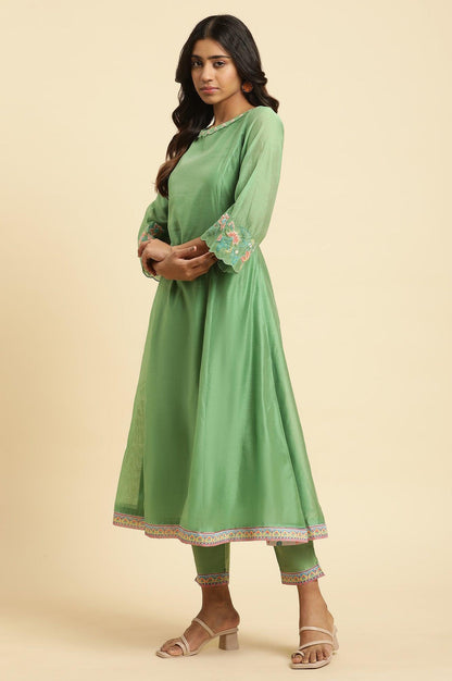 Green Embroidered Kurta, Pants And Printed Dupatta Set - wforwoman