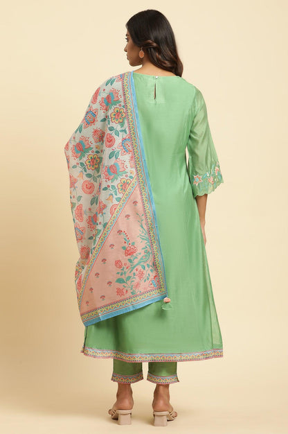 Green Embroidered Kurta, Pants And Printed Dupatta Set - wforwoman