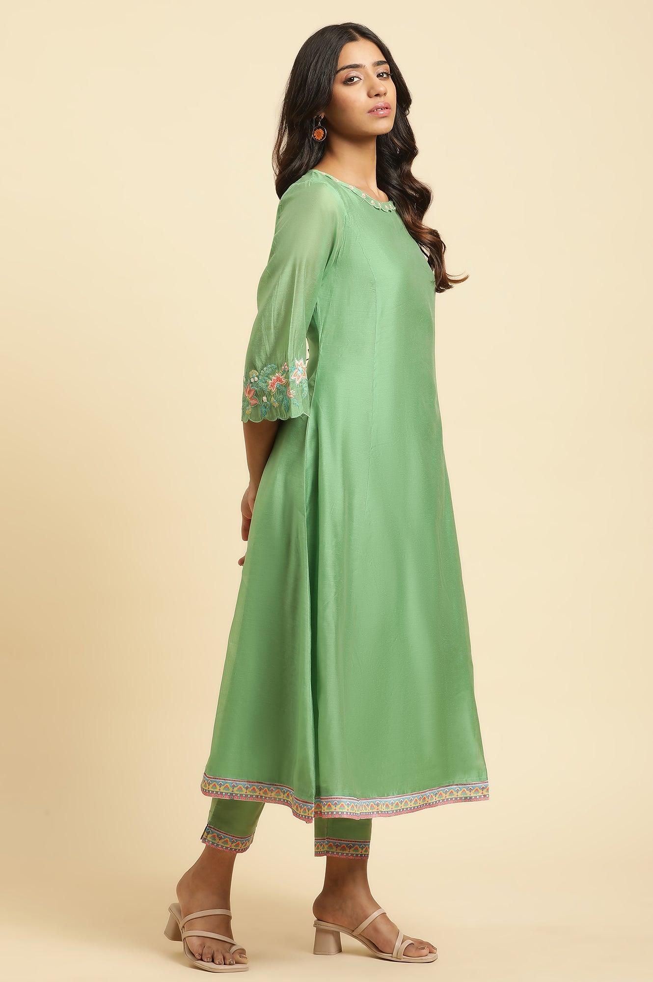 Green Embroidered Kurta, Pants And Printed Dupatta Set - wforwoman