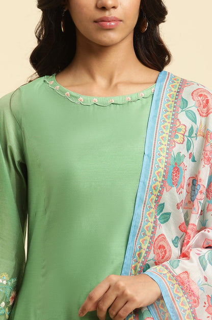 Green Embroidered Kurta, Pants And Printed Dupatta Set - wforwoman