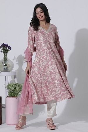 Pink Foil Printed Flared Kurta, Shantung Pants With Gota Patti Dupatta Set