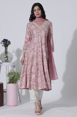 Pink Foil Printed Flared Kurta, Shantung Pants With Gota Patti Dupatta Set