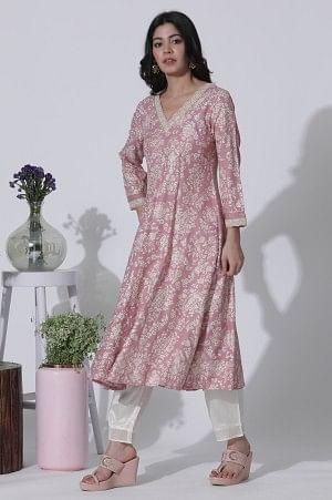 Pink Foil Printed Flared Kurta, Shantung Pants With Gota Patti Dupatta Set