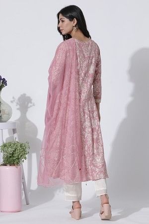 Pink Foil Printed Flared Kurta, Shantung Pants With Gota Patti Dupatta Set