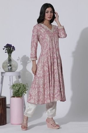 Pink Foil Printed Flared Kurta, Shantung Pants With Gota Patti Dupatta Set