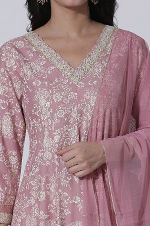 Pink Foil Printed Flared Kurta, Shantung Pants With Gota Patti Dupatta Set