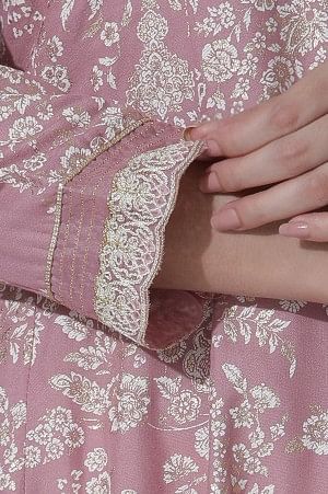 Pink Foil Printed Flared Kurta, Shantung Pants With Gota Patti Dupatta Set