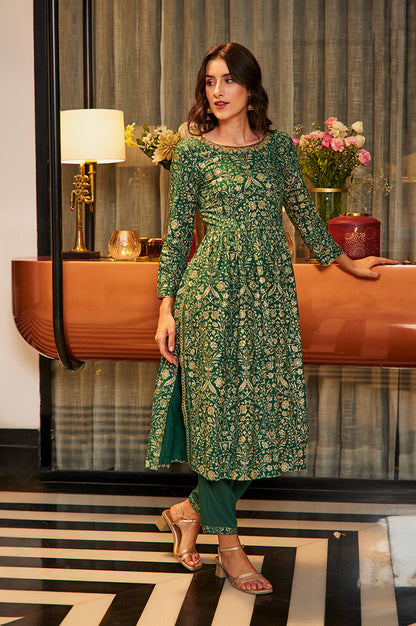 Dark Green Floral Printed Kurta, Pants &amp; Dupatta Set