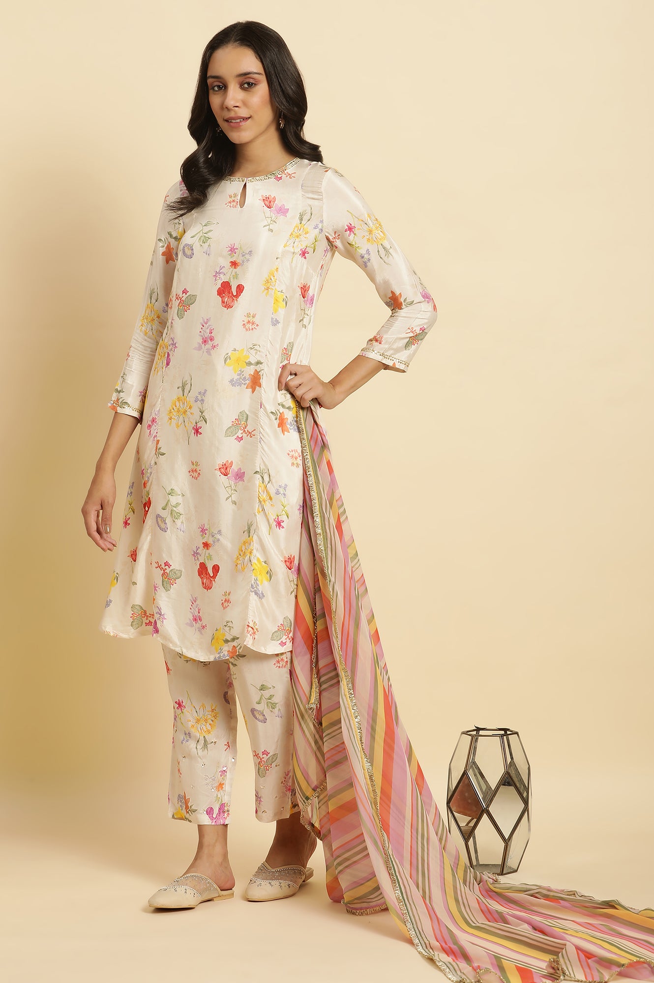 Cream Floral Printed Flared Kurta, Tights &amp; Dupatta Set - wforwoman