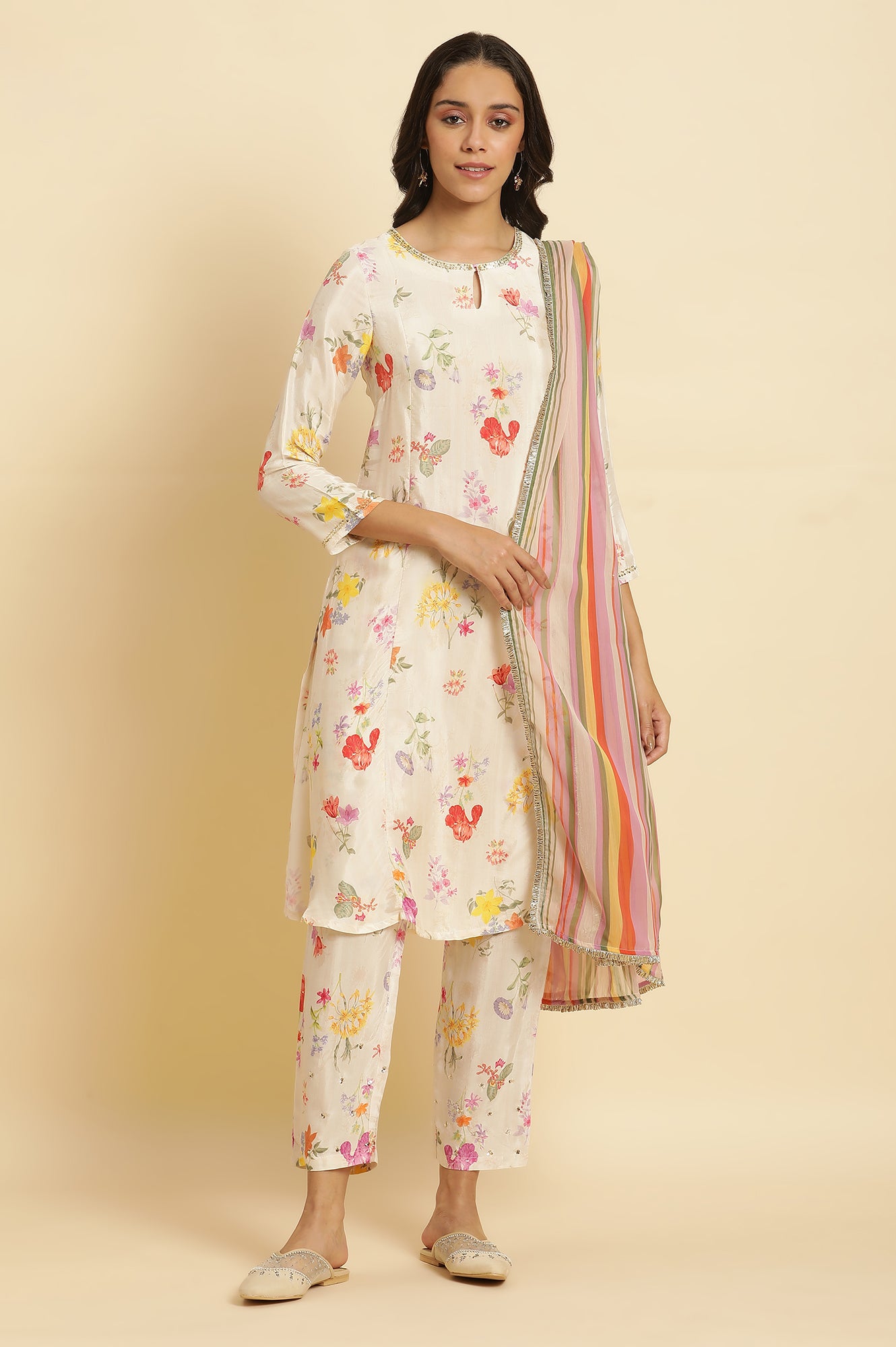 Cream Floral Printed Flared Kurta, Tights &amp; Dupatta Set - wforwoman