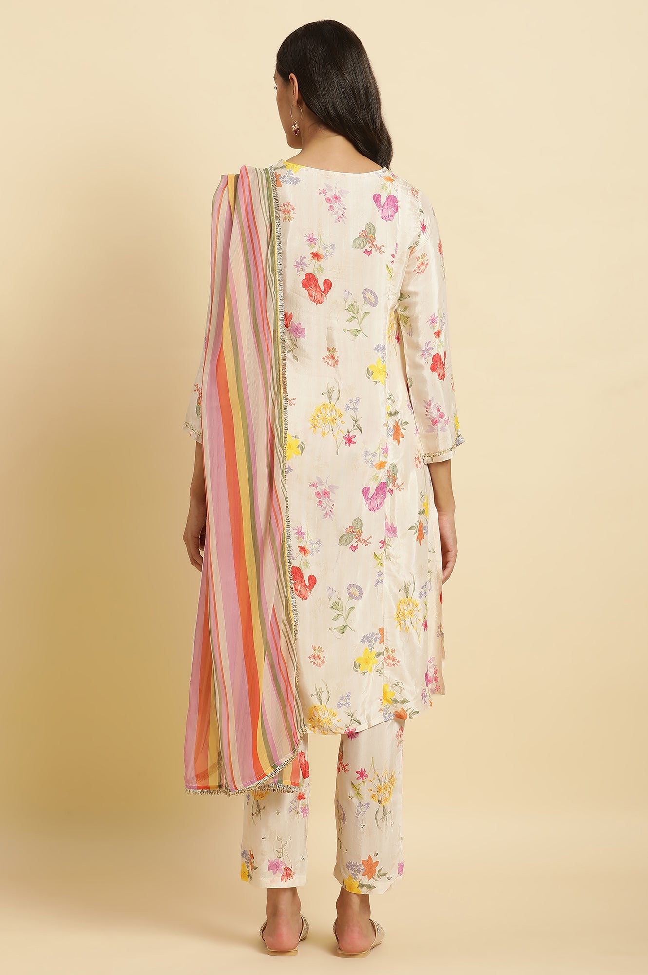 Cream Floral Printed Flared Kurta, Tights &amp; Dupatta Set - wforwoman