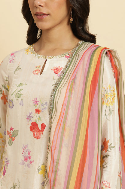 Cream Floral Printed Flared Kurta, Tights &amp; Dupatta Set