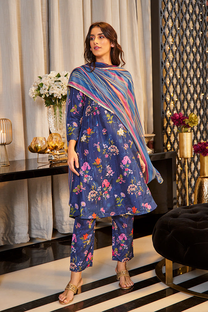 Navy Blue Floral Printed Kurta, Straight Pants And Dupatta Set