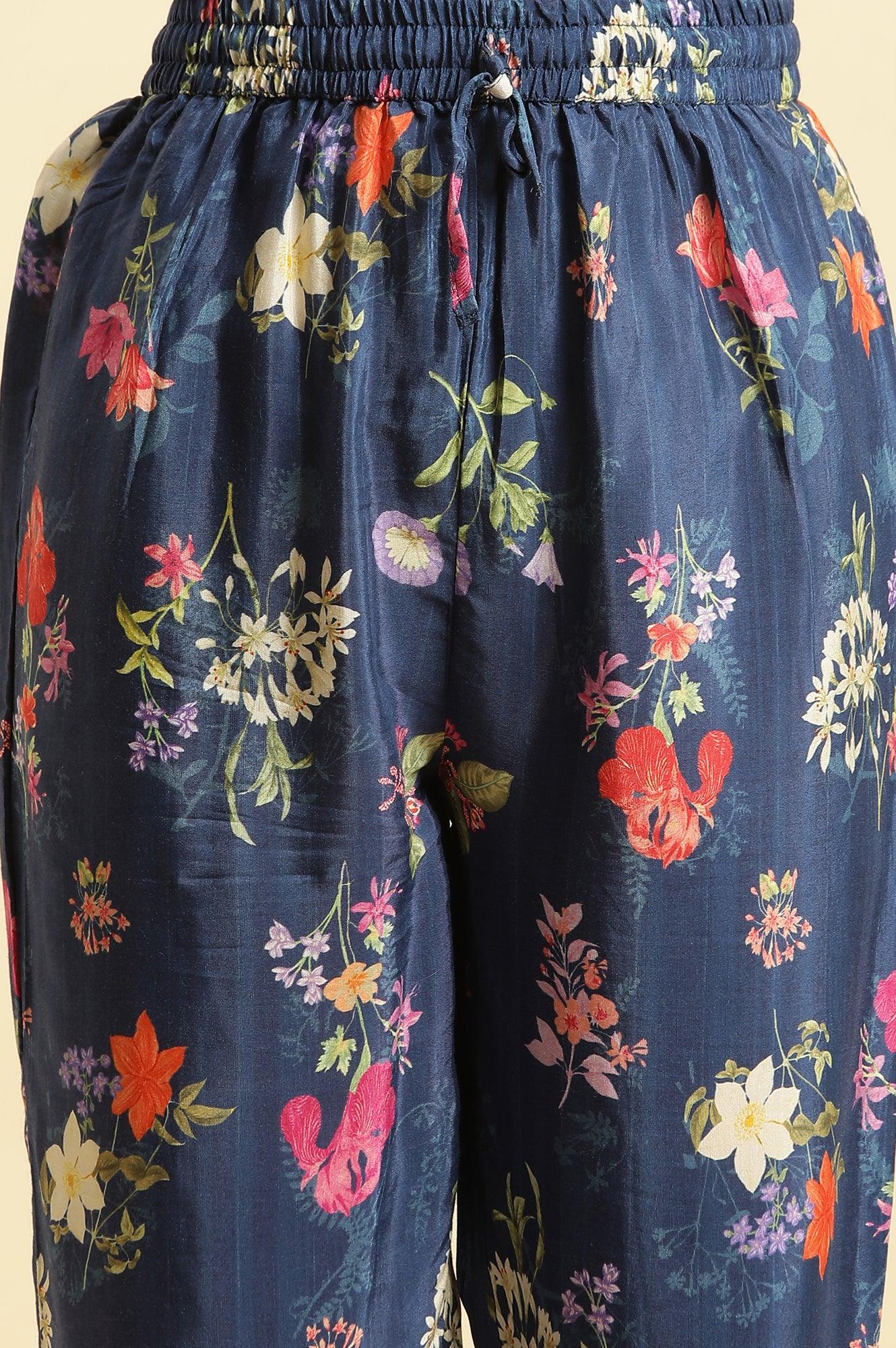 Navy Blue Floral Printed Kurta, Straight Pants And Dupatta Set - wforwoman