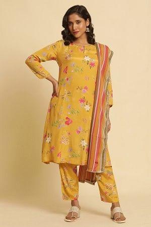 Yellow Printed Embroidered Kurta, Pants And Dupatta Set