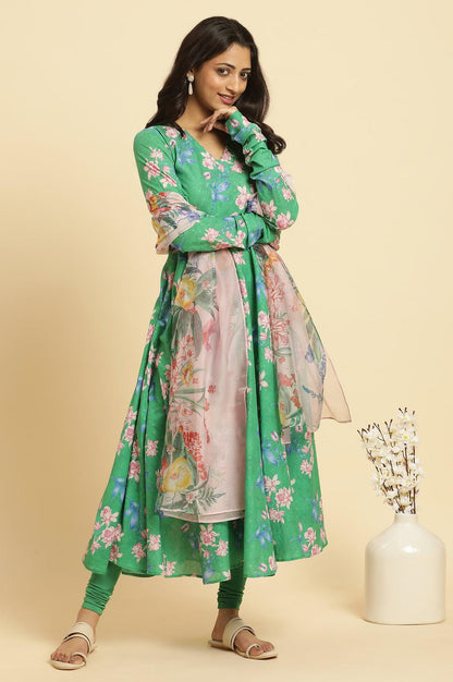 Green Cicular Printed Flared Kurta, Tights And Dupatta Set - wforwoman