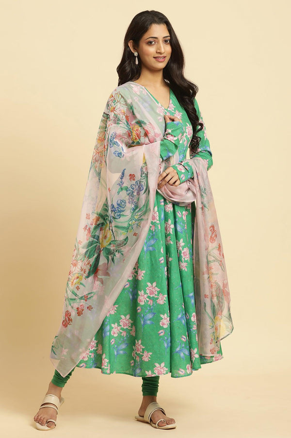 Green Cicular Printed Flared Kurta, Tights And Dupatta Set