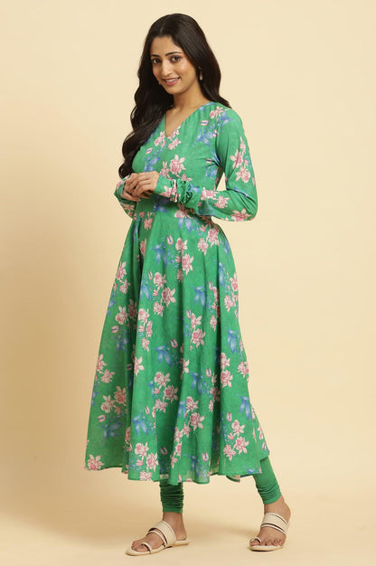 Green Cicular Printed Flared Kurta, Tights And Dupatta Set - wforwoman