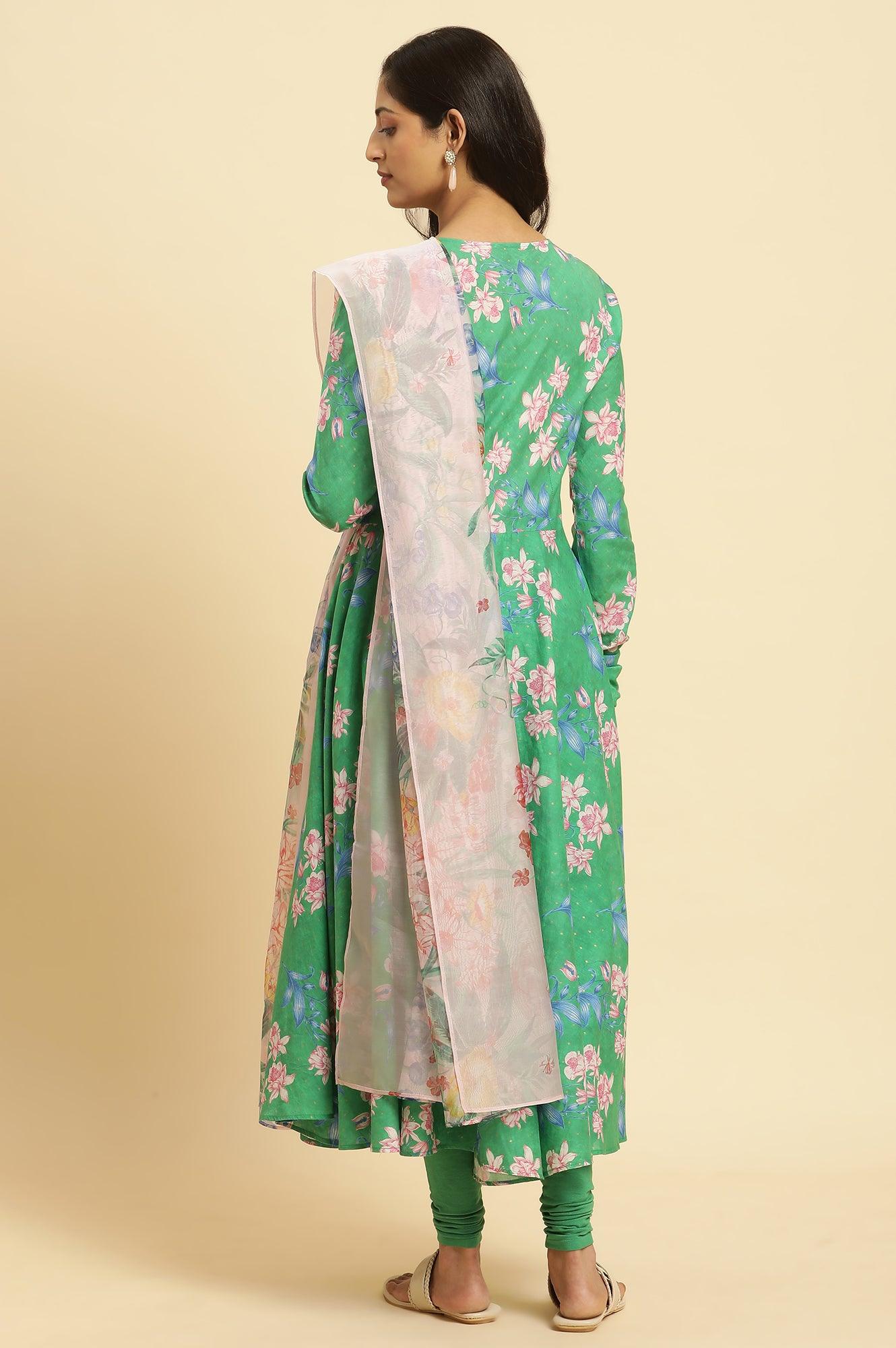 Green Cicular Printed Flared Kurta, Tights And Dupatta Set - wforwoman