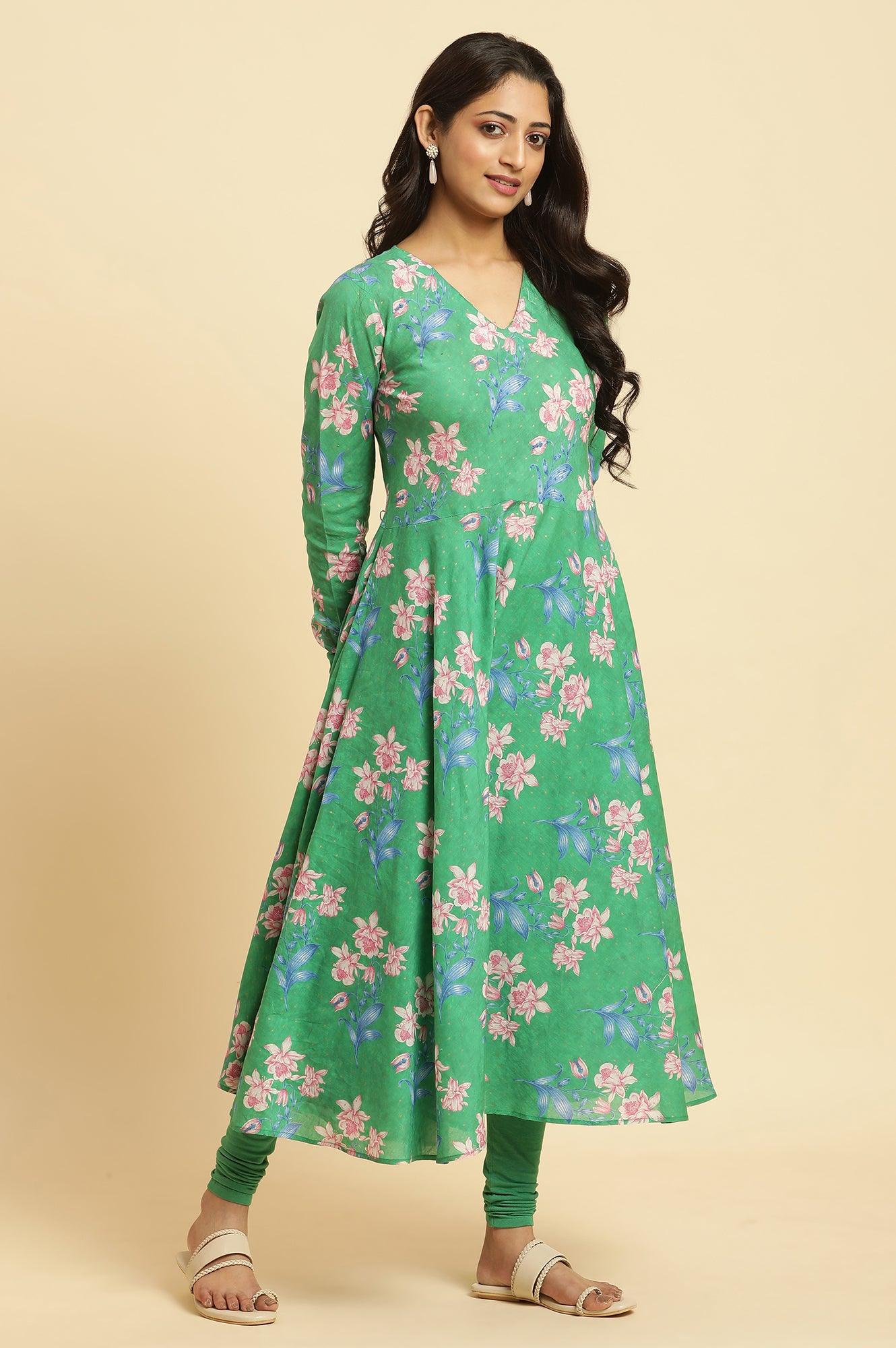 Green Cicular Printed Flared Kurta, Tights And Dupatta Set - wforwoman