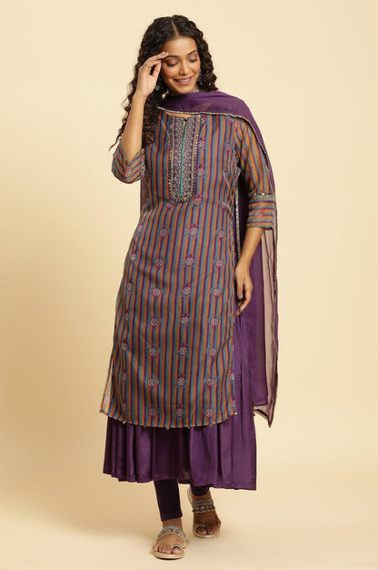 Purple Layered Suzani Printed Kurta, Tights And Dupatta Set - wforwoman