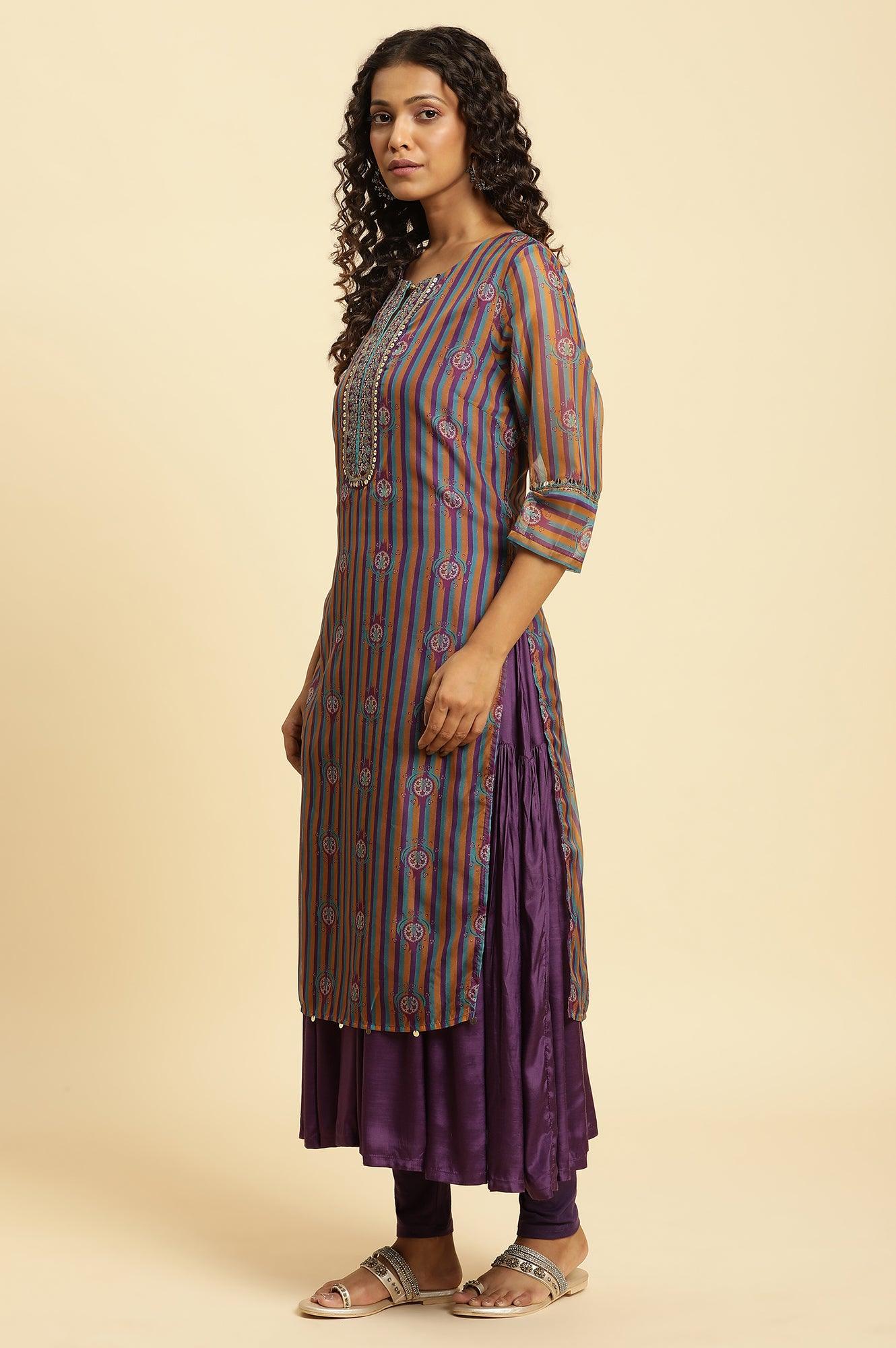 Purple Layered Suzani Printed Kurta, Tights And Dupatta Set - wforwoman