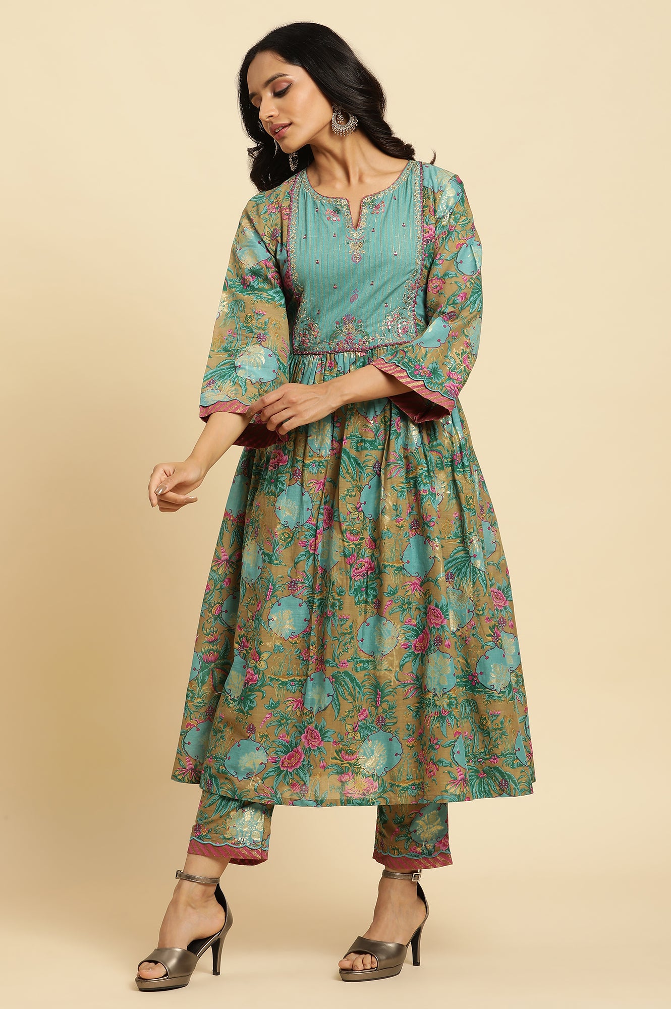 Brown Floral Printed Kurta, Pant And Dupatta Set - wforwoman