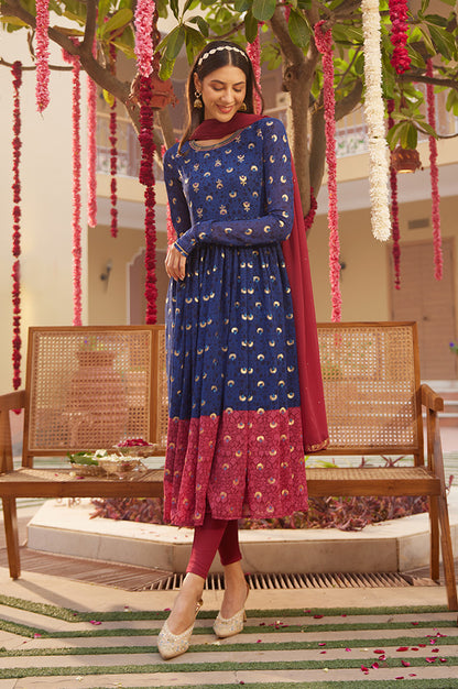 Blue Gathered Embroidered Kurta, Tights And Dupatta Festive Set