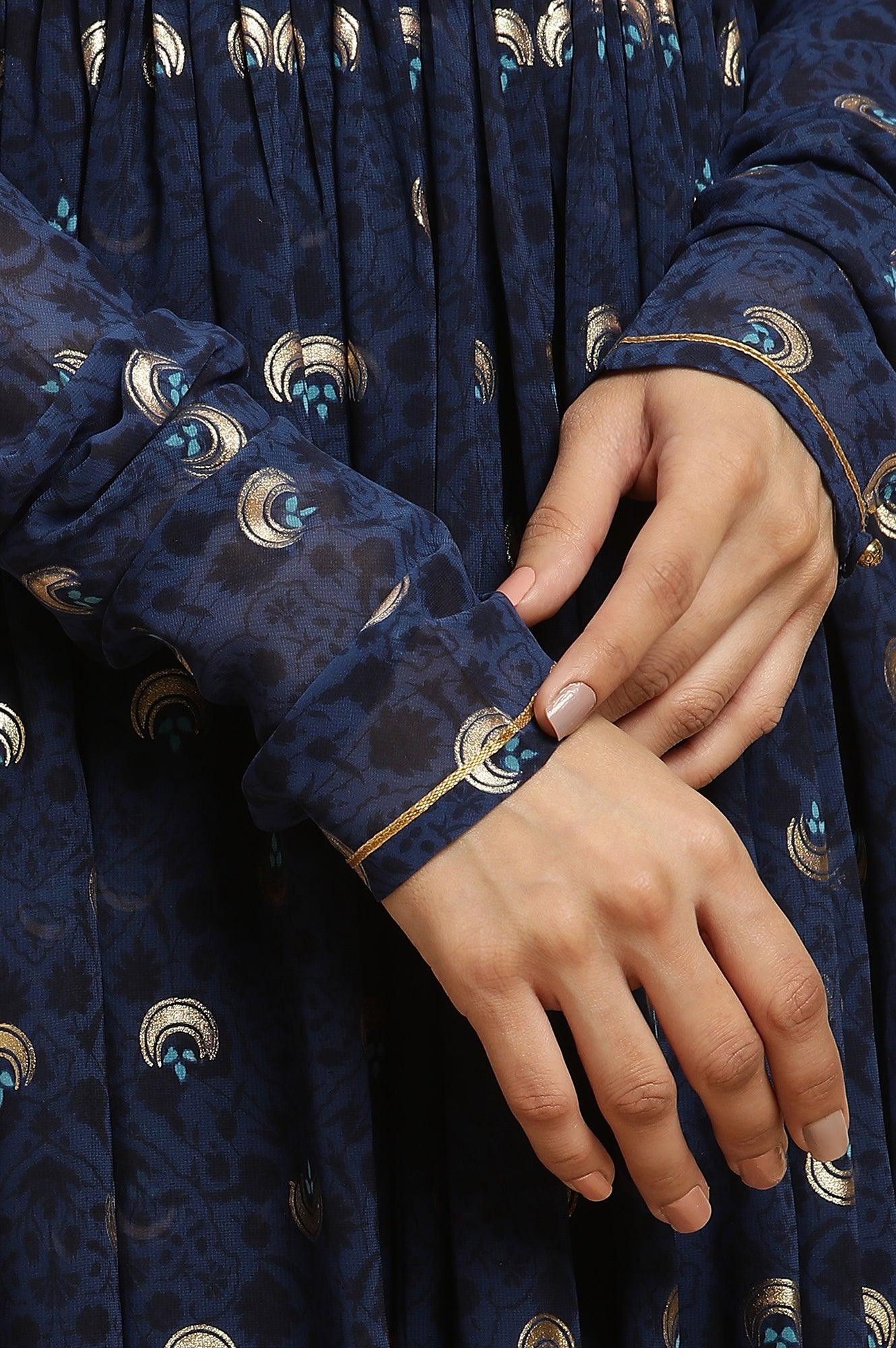 Blue Gathered Embroidered Kurta, Tights And Dupatta Festive Set - wforwoman